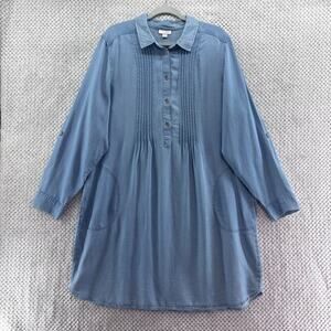 J Jill Denim Dress Womens XL Blue Chambray Light Wash Popover Roll Tab Sleeve